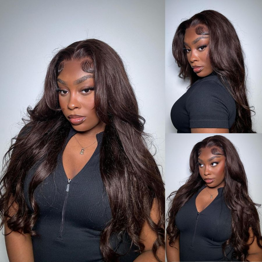 WOWANGEL Chocolate Brown Color 13X6 HD Lace Front Wigs Body Wave Mid Part