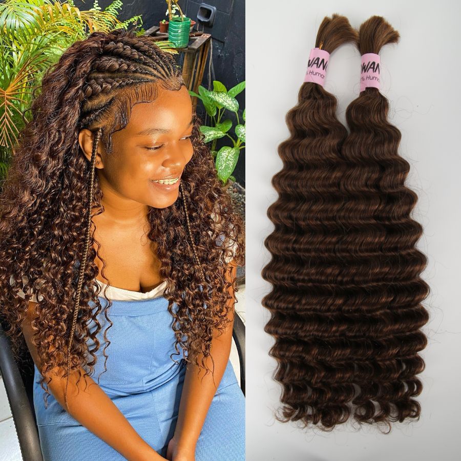 Brown deep wave human hair extensions for braiding, 50g bundle.