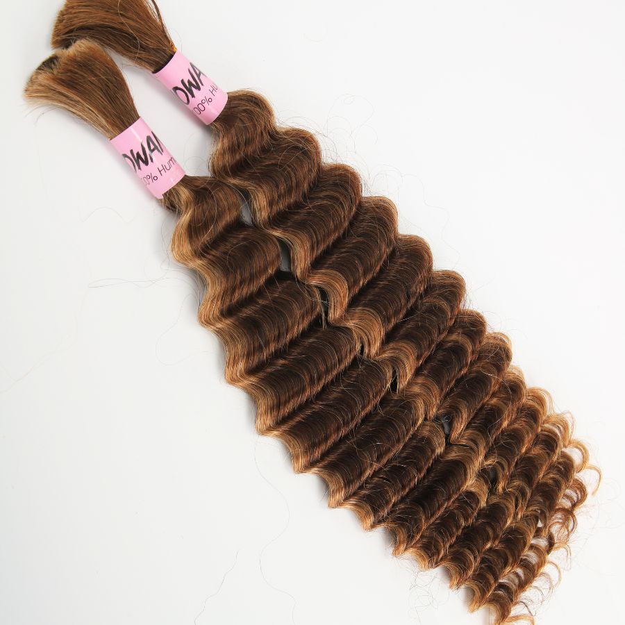 Two bundles of deep wave highlight human hair extensions.