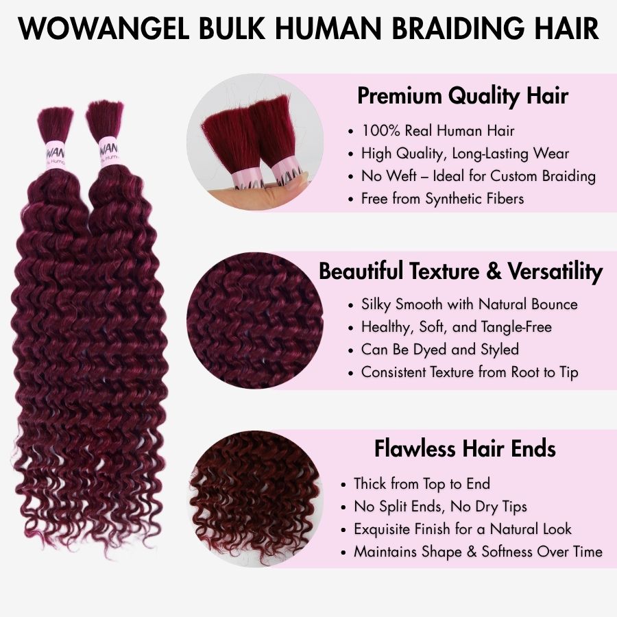 WOWANGEL 99J Burgundy Color Bulk Human Hair for Braiding Deep Wave 100g