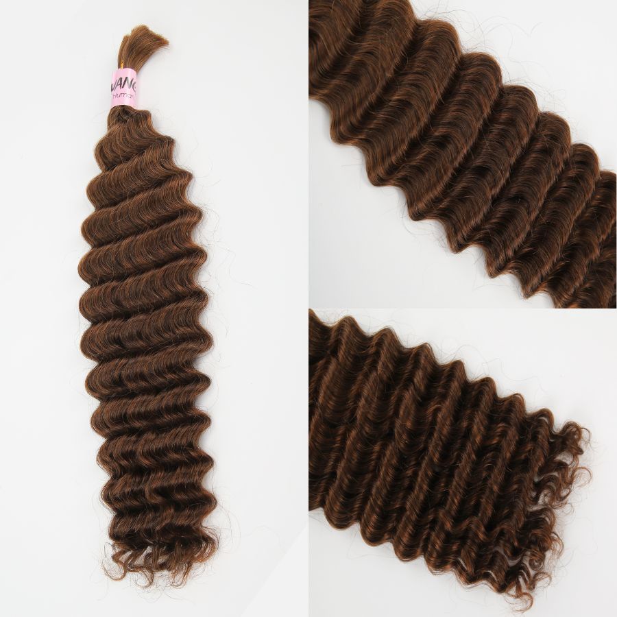 Close-up of brown deep wave human hair extensions, 50g bundle.