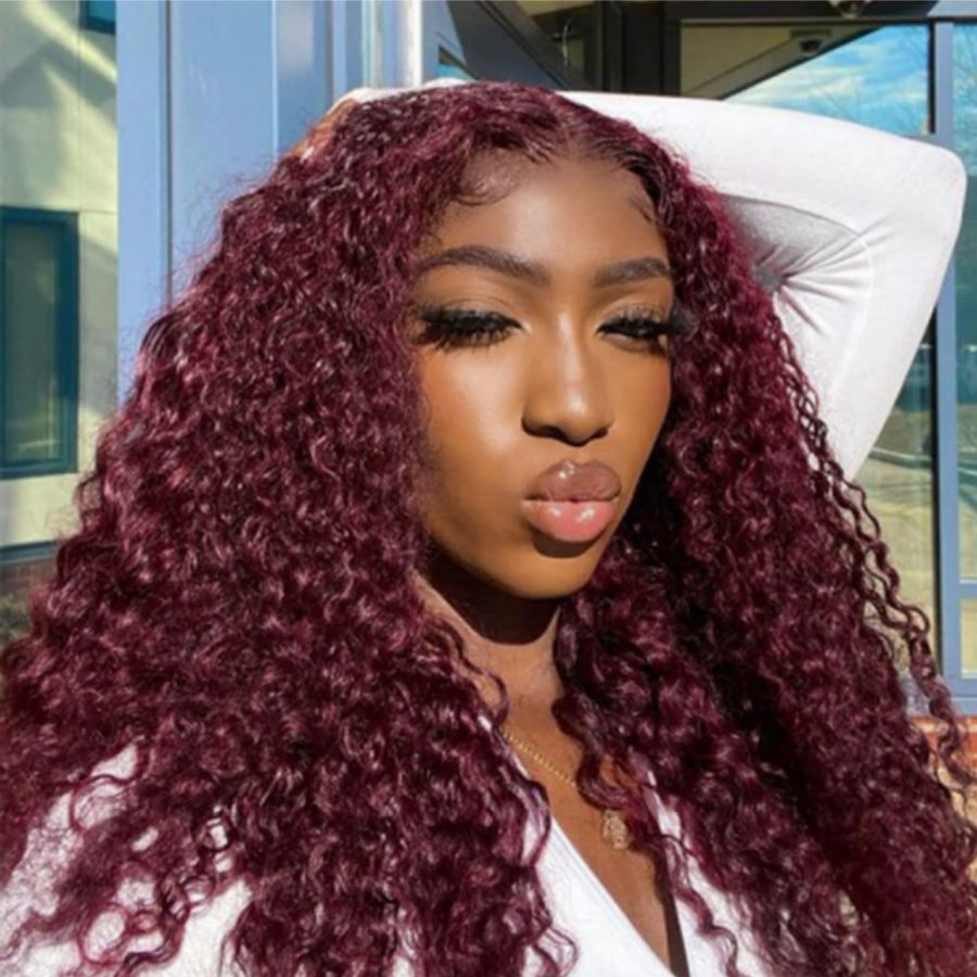 WOWANGEL 99J Burgundy Lace Closure Wig with deep wave texture, offering a natural look and effortless style. Features HD 5x5 lace for a seamless blend.