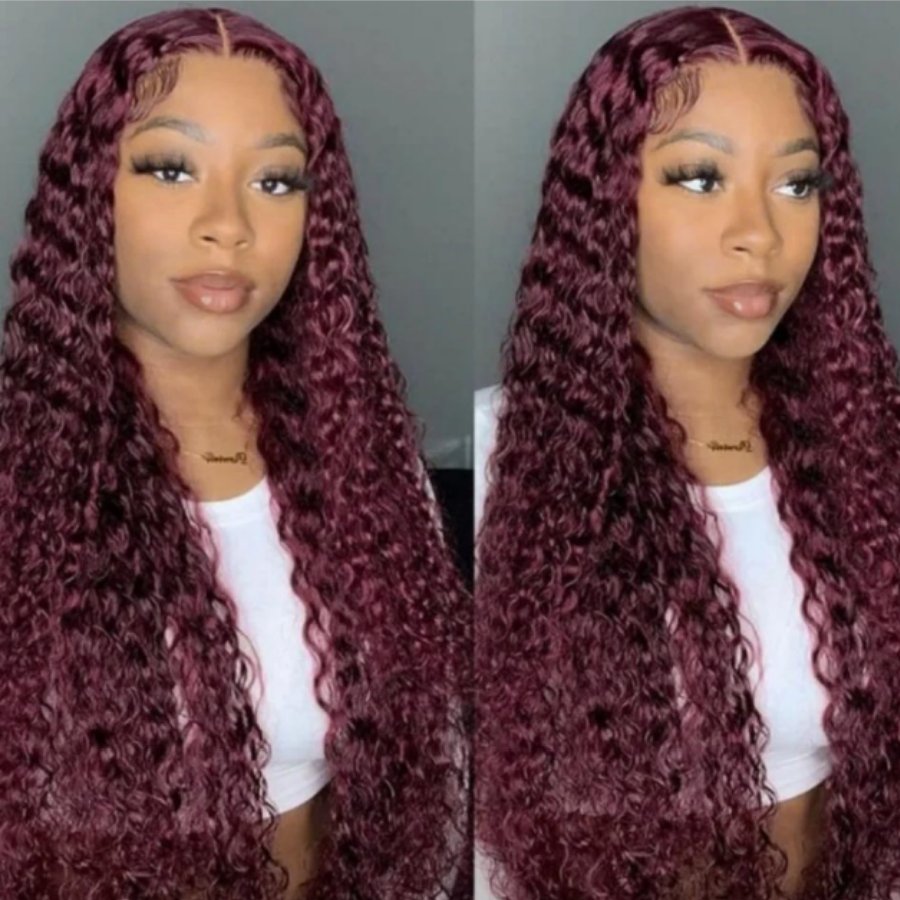 WOWANGEL 99J Burgundy Lace Wig with long, curly texture, designed for a natural and voluminous look. Features HD lace for an undetectable finish.