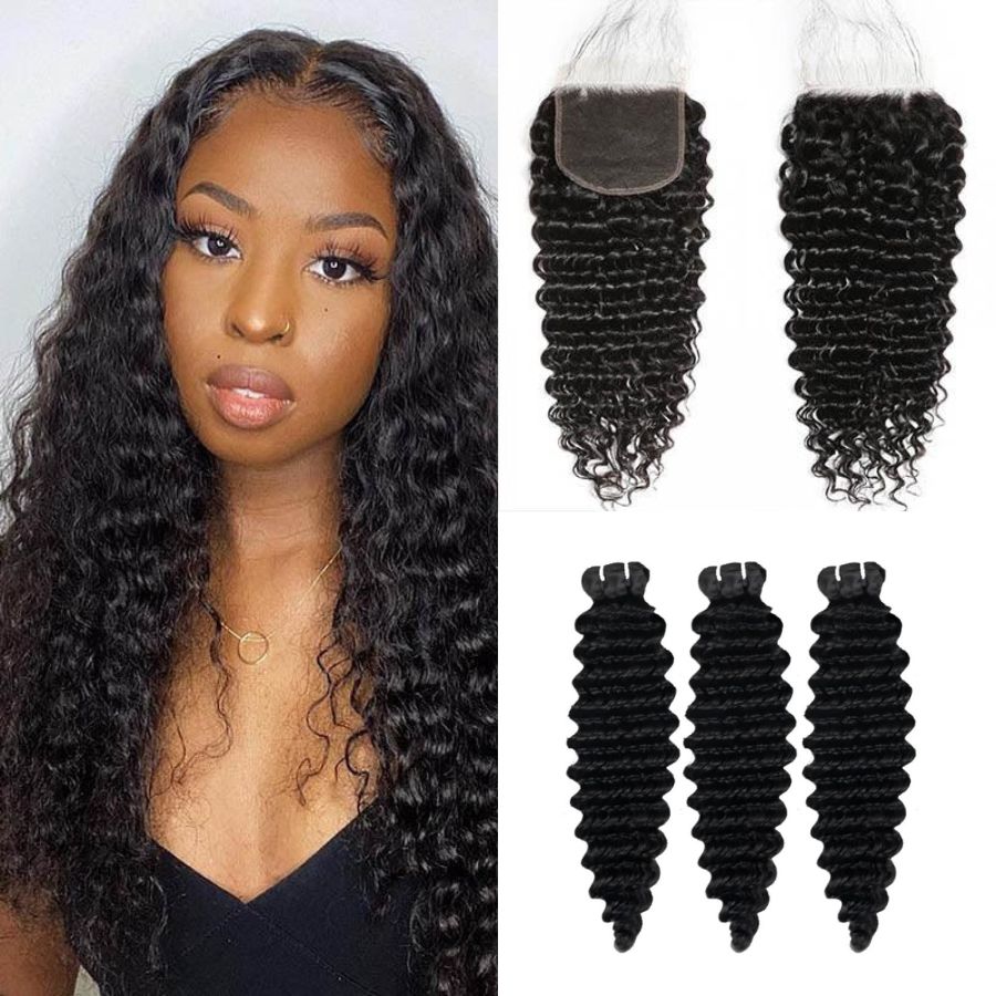 WOWANGEL 5x5 Skinlike Real HD Lace Closure with 3 Bundles Deep Wave
