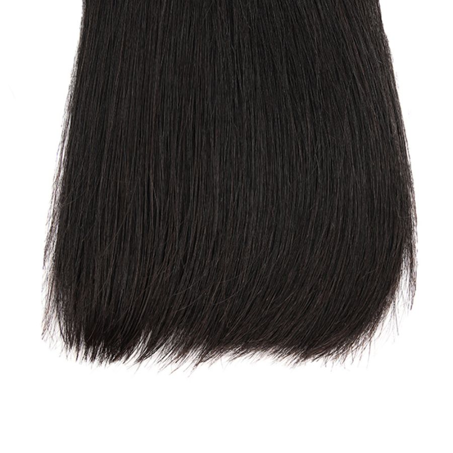 Detailed view of WOWANGEL premium raw straight hair bundle ends. Neatly trimmed, natural black hair for a sleek and polished finish.