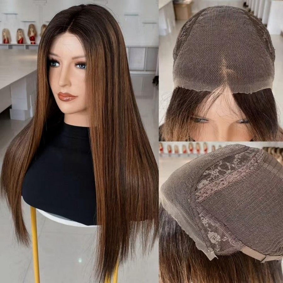 Long straight lace-front wig with medium brown to dark ash brown ombre highlights, shown on a mannequin head with front, top, and underside lace details visible.