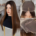 Long straight lace-front wig with medium brown to dark ash brown ombre highlights, shown on a mannequin head with front, top, and underside lace details visible.