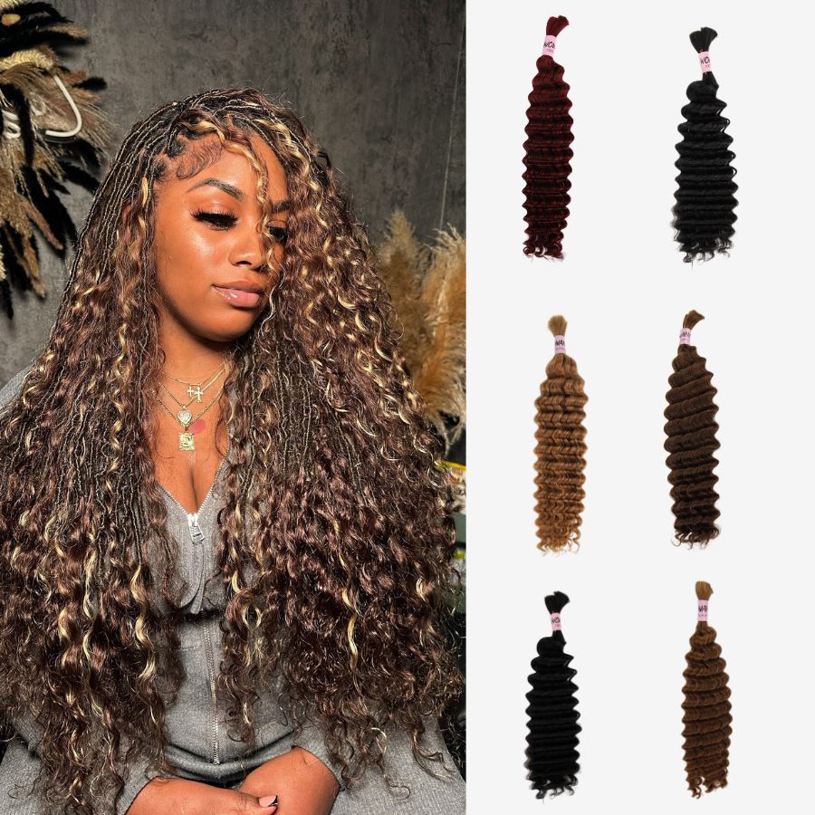 WOWANGEL 99J/Brown/Jet Black Color Human Braiding Hair For Boho Braids Deep Wave 100g