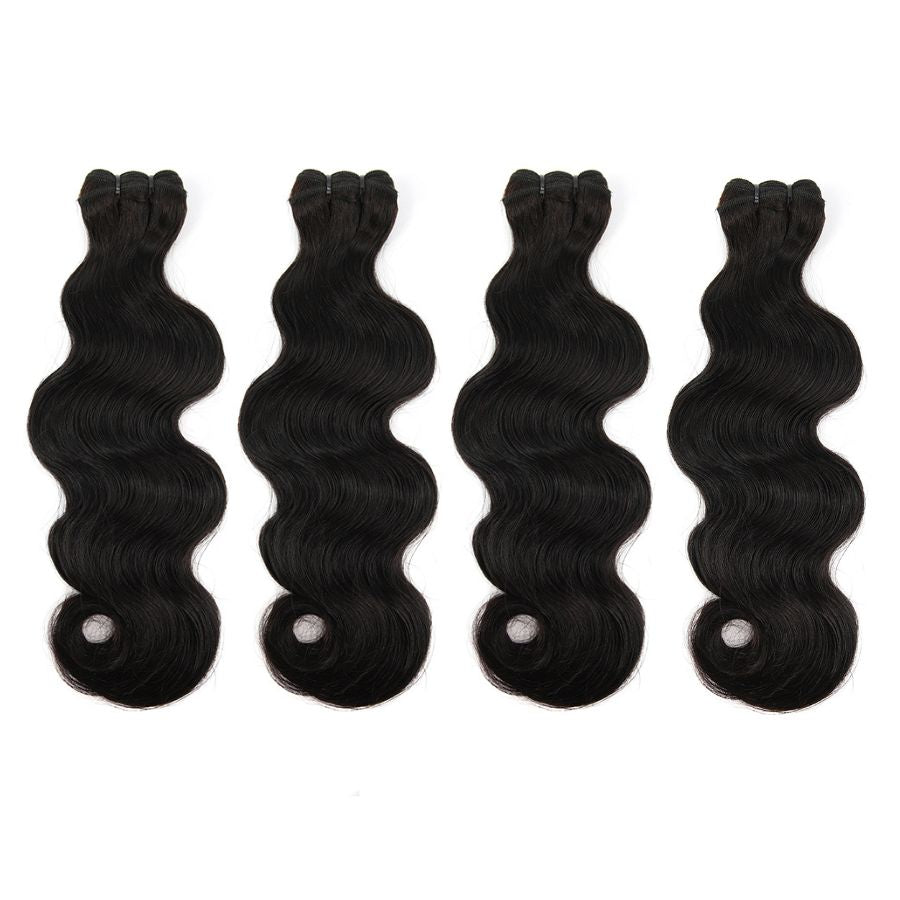 WOWANGEL premium raw hair bundles in body wave texture, 4-piece deal. Soft, voluminous black hair extensions for a natural wavy style.