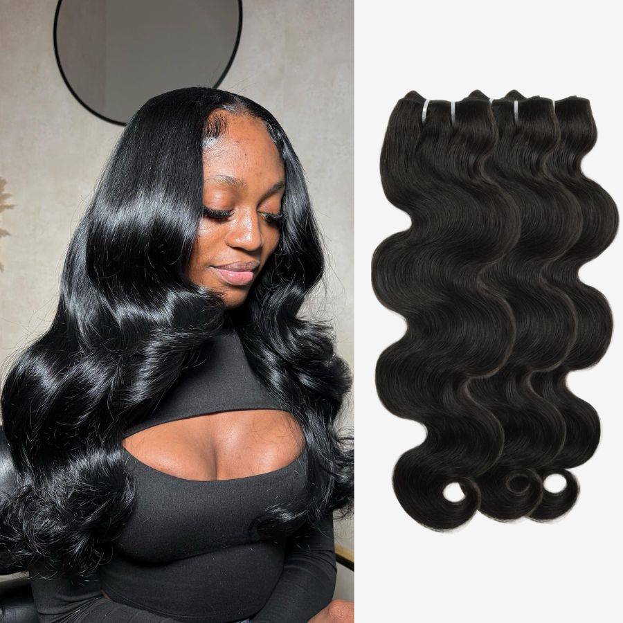 UK Human Hair Bundles 3pcs Body Wave style shown on model with shiny, voluminous curls. 100% virgin hair for natural look and feel.