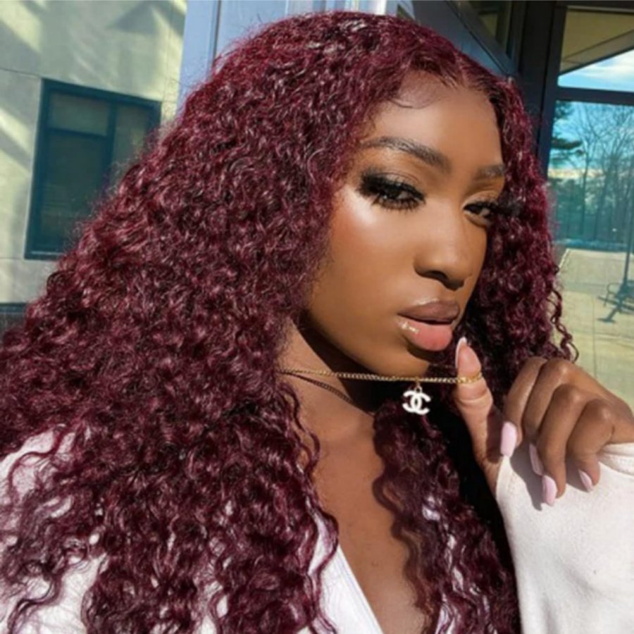 WOWANGEL Burgundy Lace Wig with soft curls and HD lace closure for a flawless hairline. Glueless design ensures comfort and easy wear.