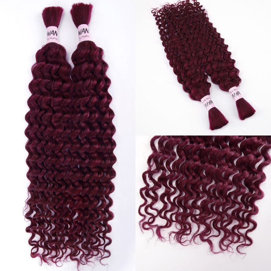 WOWANGEL 99J Burgundy Color Bulk Human Hair for Braiding Deep Wave 50g/bundle *2