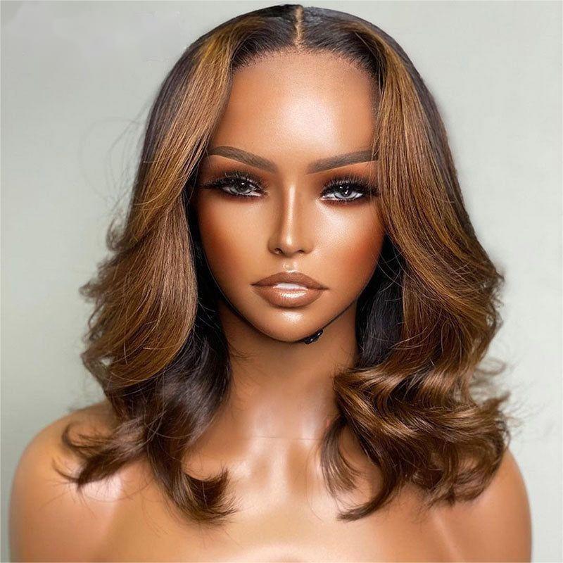Brown Wig with Highlights Human Hair HD Lace Front Wavy Bob