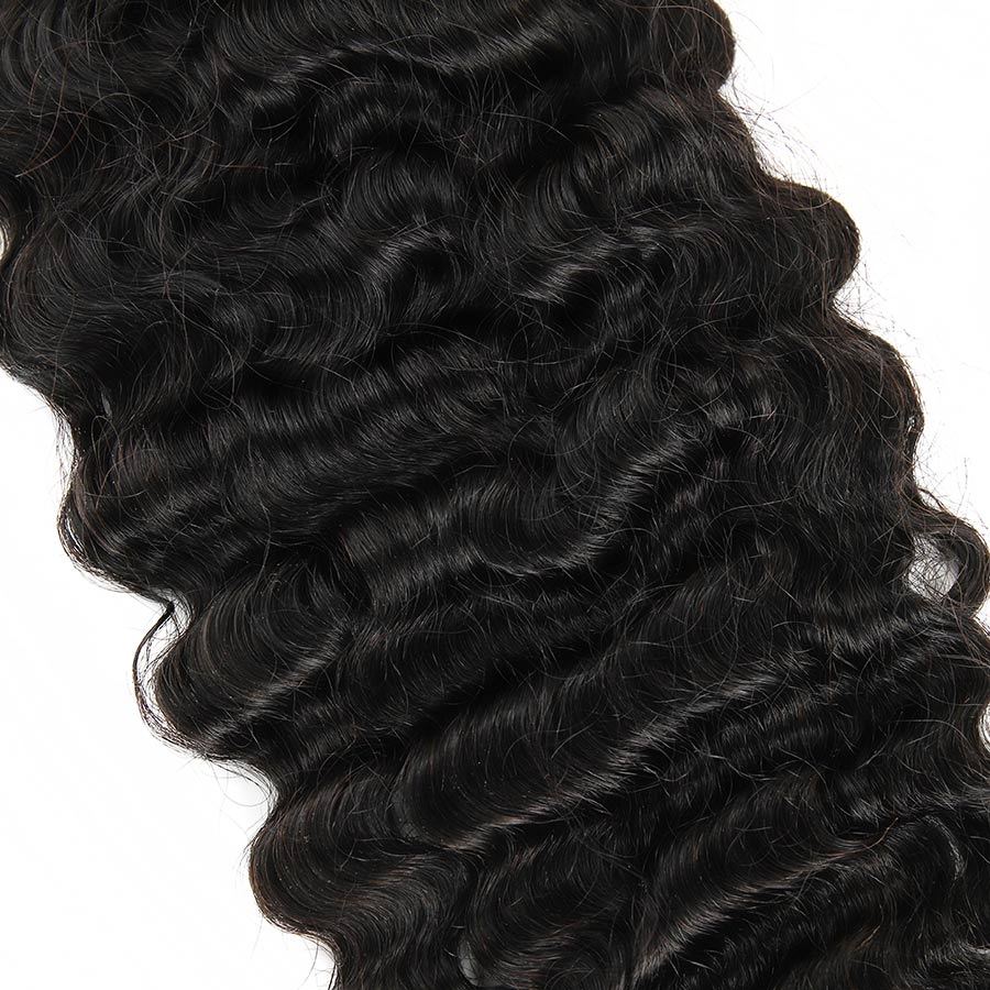 Close-up of WOWANGEL water wave human hair bundle, showcasing deep, defined curls. 100% natural black, soft, and tangle-free for a natural look.