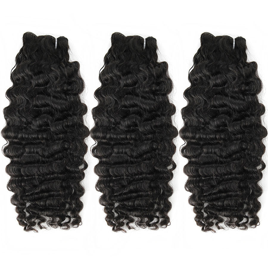 WOWANGEL water wave human hair bundles, 100% natural black extensions with a deep curl pattern. Soft, bouncy, and perfect for a voluminous hairstyle.