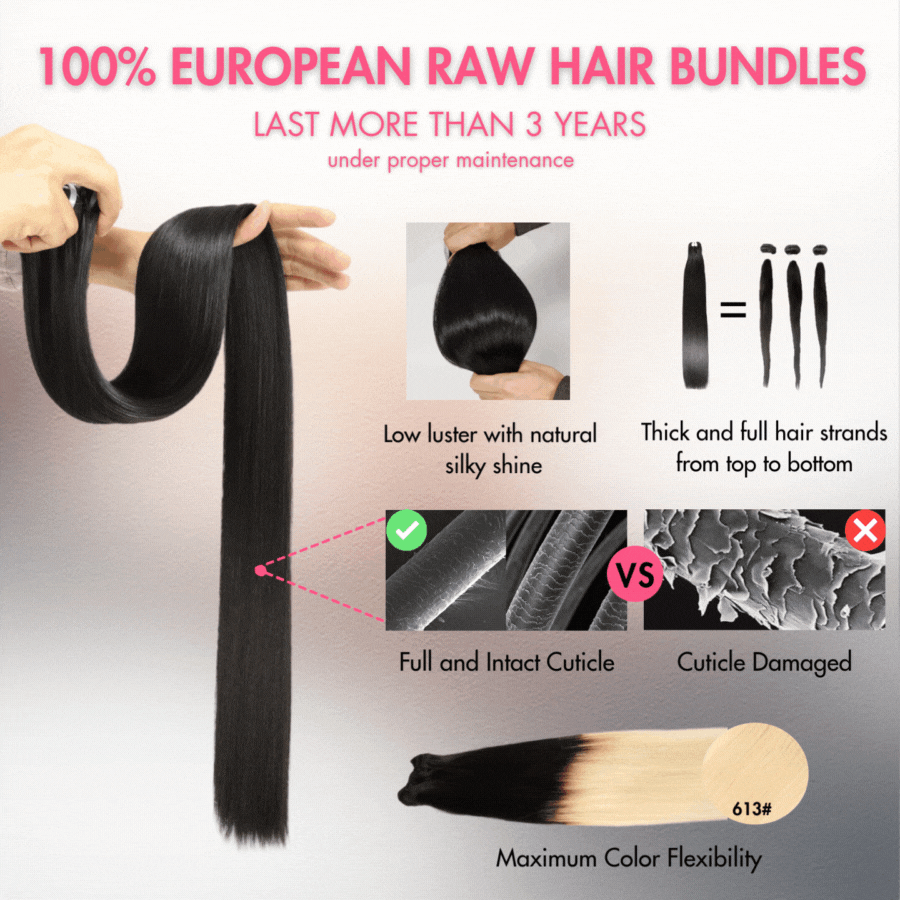 WOWANGEL European Raw Hair Bundles Straight Double Drawn Hair Weaves