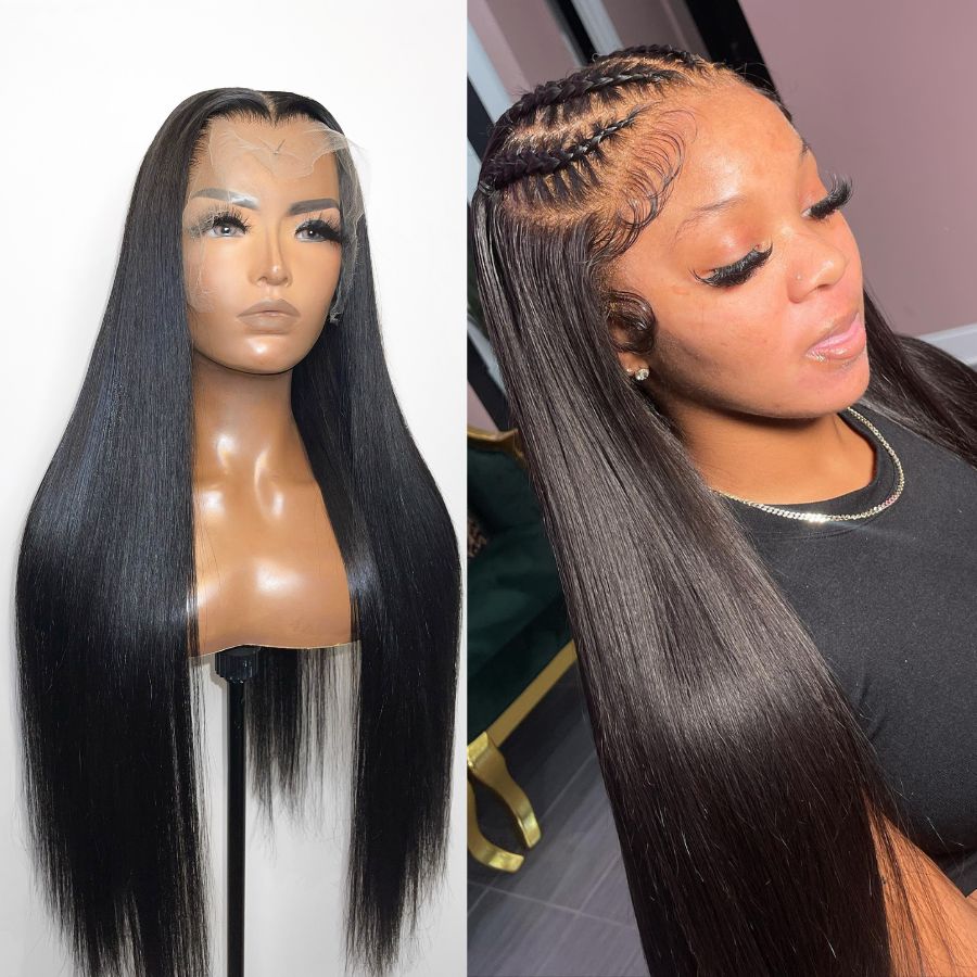 WOWANGEL straight HD lace wig on mannequin and model