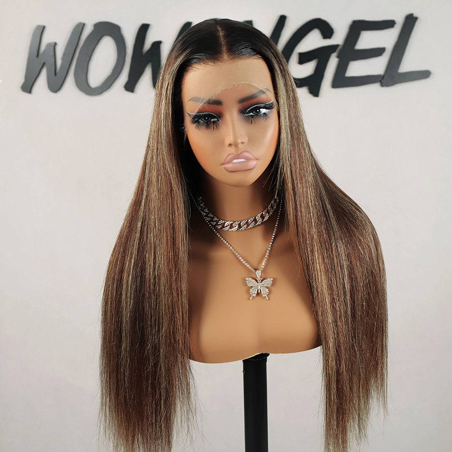 Front view of silky straight highlight 13x6 HD lace front wig featuring natural highlights and a pre-plucked hairline for a seamless look.