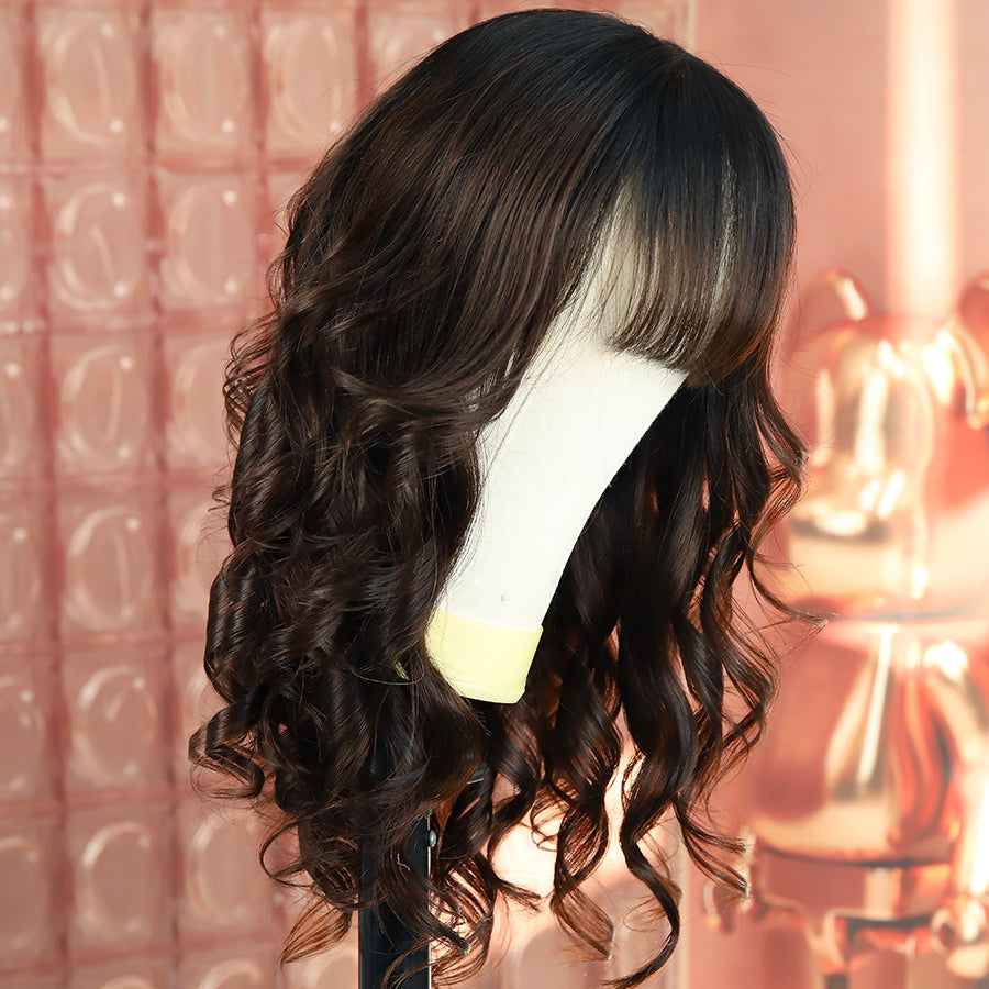 WOWANGEL Ombre Auburn 5X5 HD Lace Closure Wig Curtain Bangs Wavy Wig