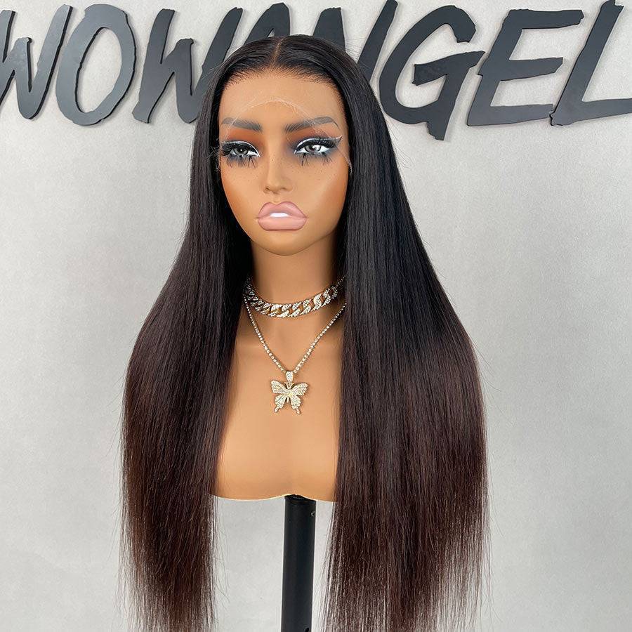 Close-up of ombre silky straight 13x6 skinlike real HD lace front wig with pre-plucked natural hairline and flawless finish.