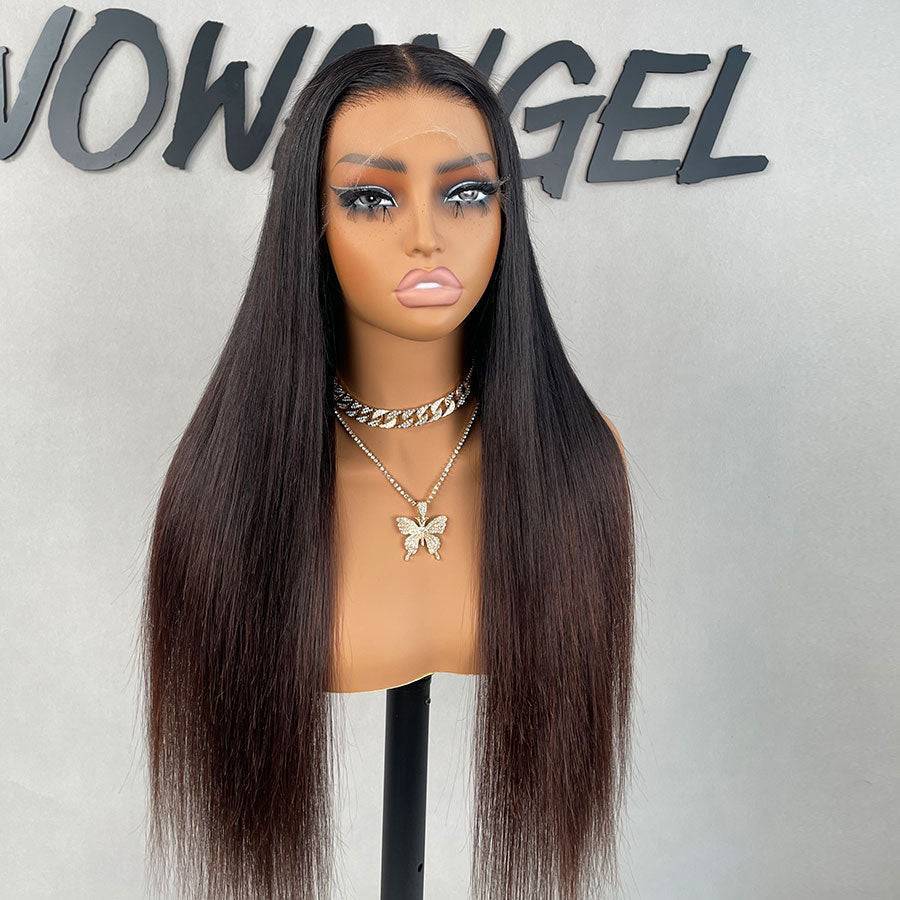 Detailed view of ombre silky straight 13x6 skinlike real HD lace front wig highlighting its realistic lace and sleek style.