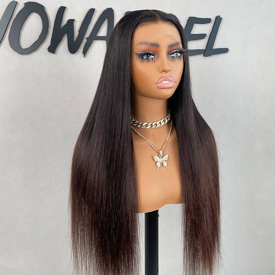 Ombre silky straight 13x6 skinlike real HD lace front wig displayed on a mannequin with natural hairline and long sleek finish.