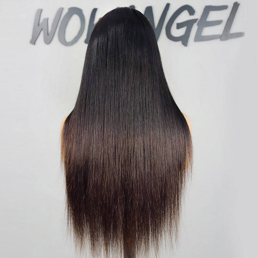 Back view of ombre silky straight 13x6 skinlike real HD lace front wig showing smooth ombre transition and long length.
