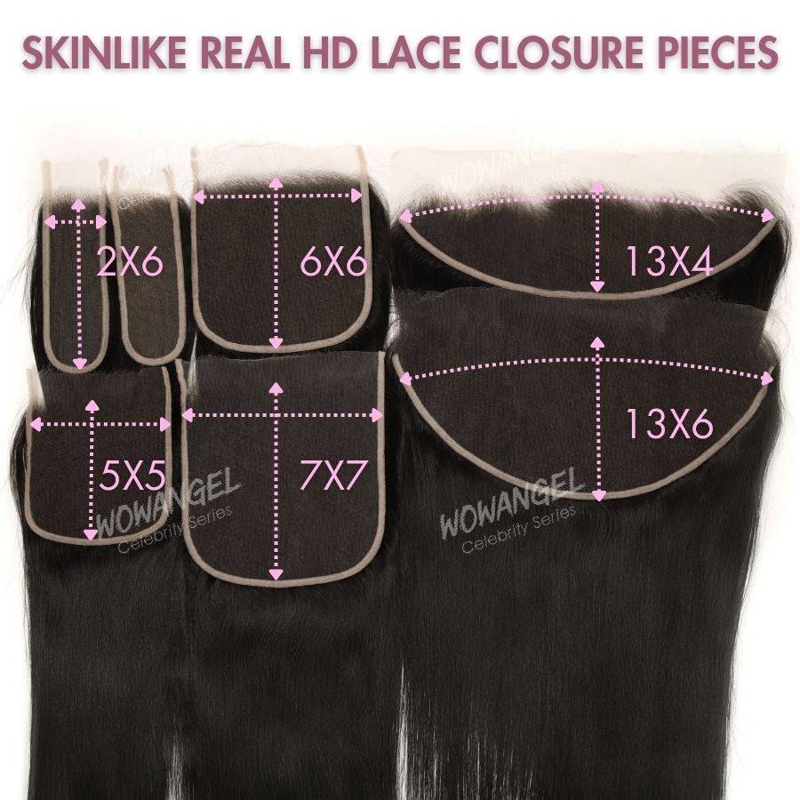 Various sizes of Skinlike Real HD Lace Closure Pieces including 13x6, 13x4, 6x6, and 5x5 options for customizable hair extension installs.
