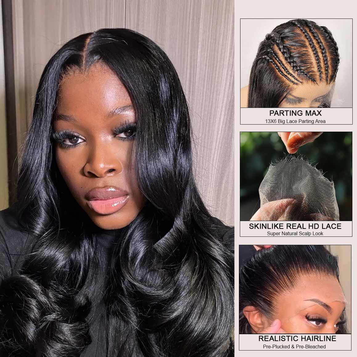 WOWANGEL Jet Black 13X6 HD Lace Full Frontal Wig Clean Hairline Body Wave