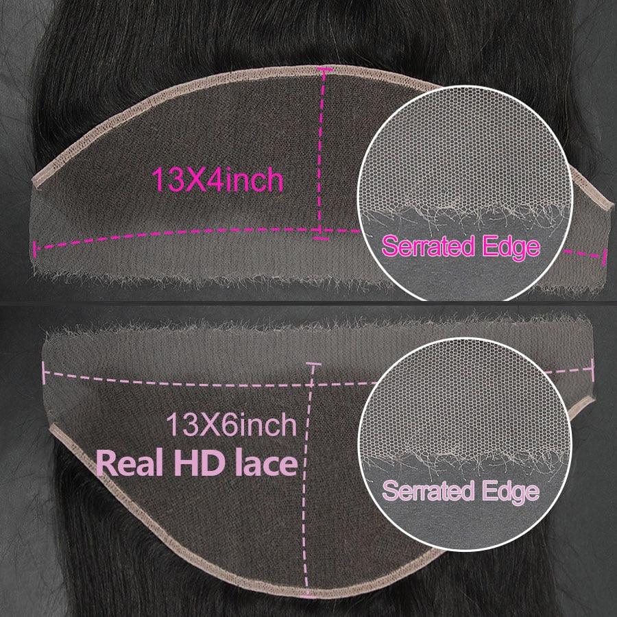 Comparison of WOWANGEL 13x4 and 13x6 HD lace frontals, highlighting the serrated edge and real HD lace for a natural blend.