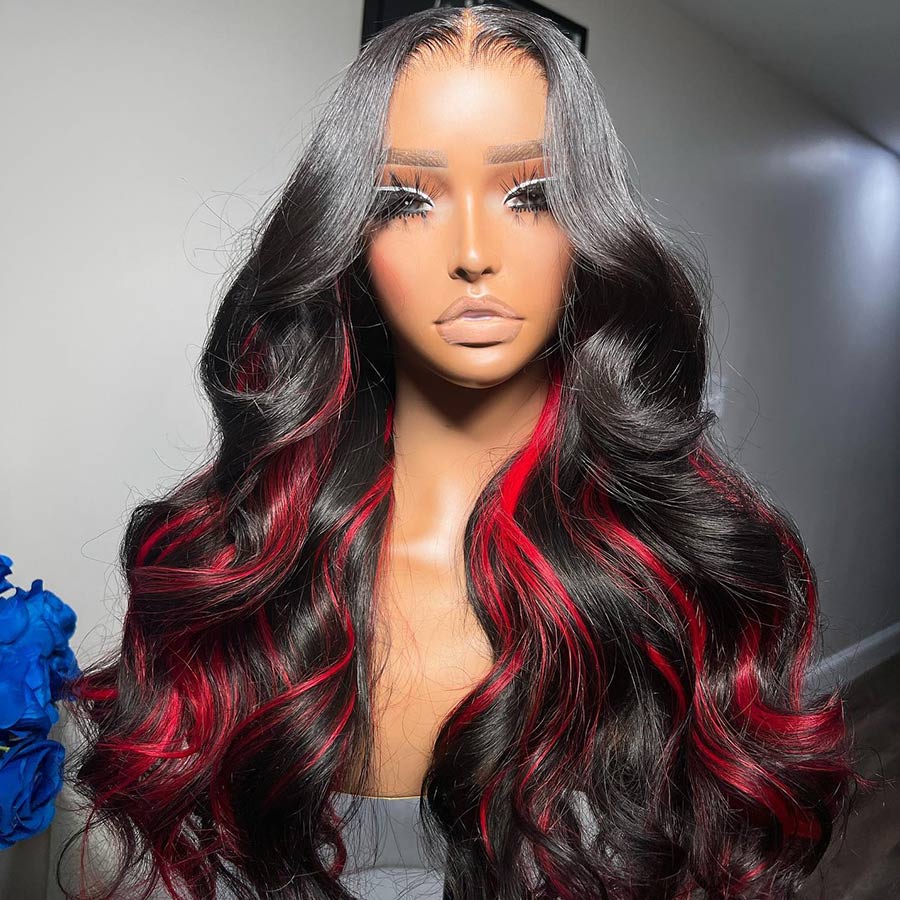 WOWANGEL Red Highlight 13X4 HD Lace Full Frontal Wig Body Wave Premium Raw Hair