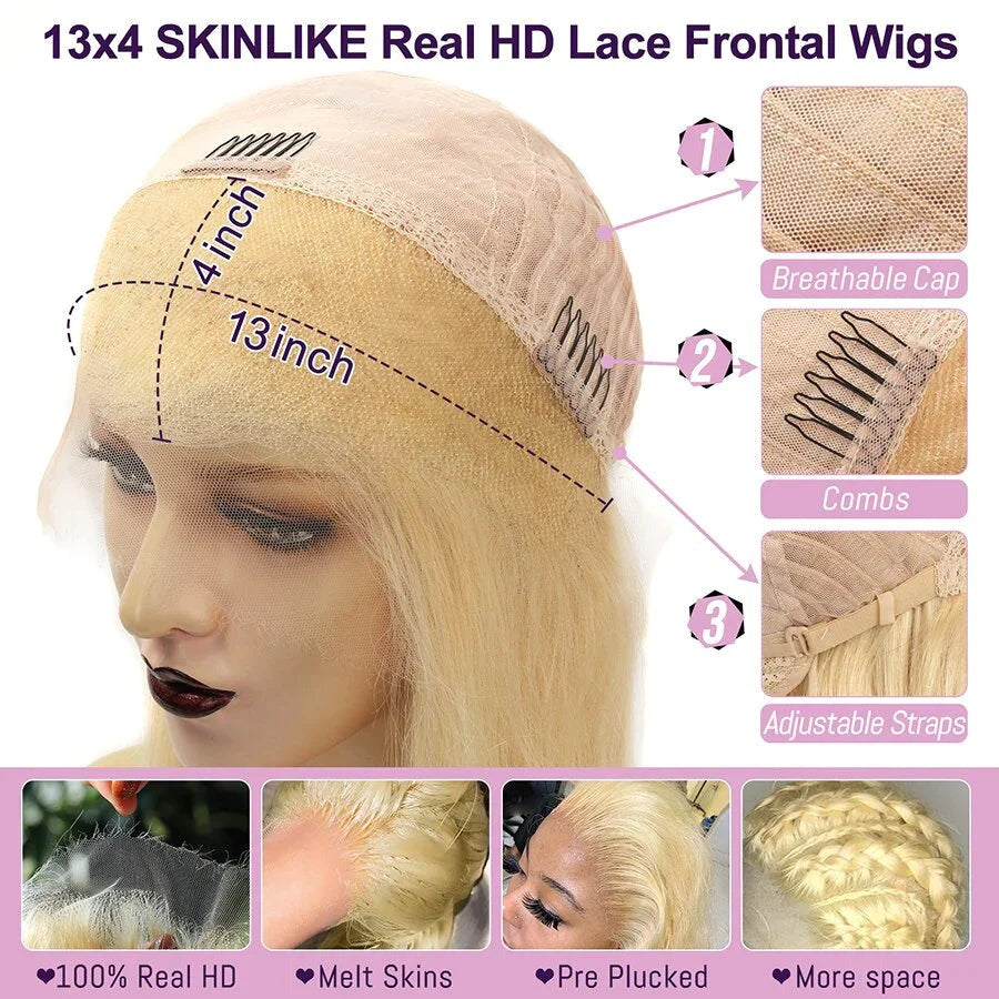 WOWANGEL 613 Blonde Straight BOB 13X4 Skinlike Real HD Lace Frontal Wig 180% Density