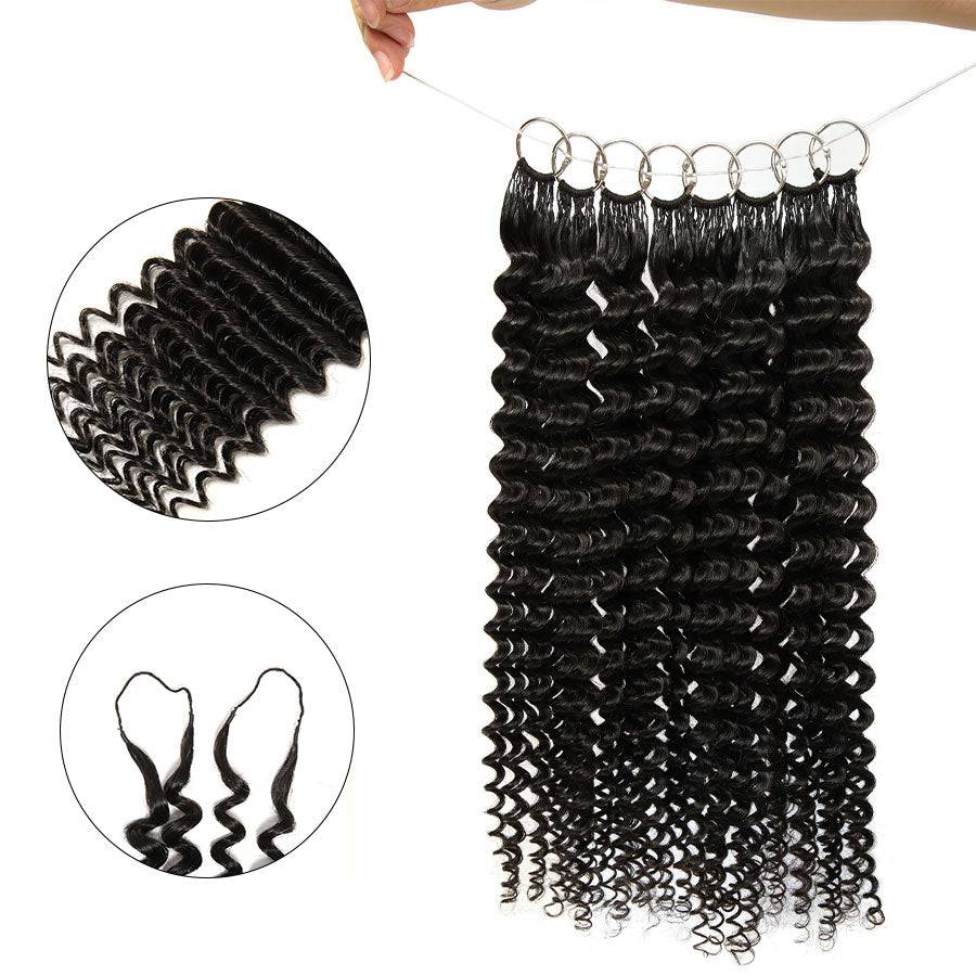 WOWANGEL Deep Curly Pre-Separated Feather Crochet Human Hair Extensions displayed in bundles with tight curls and loop rings for easy installation.