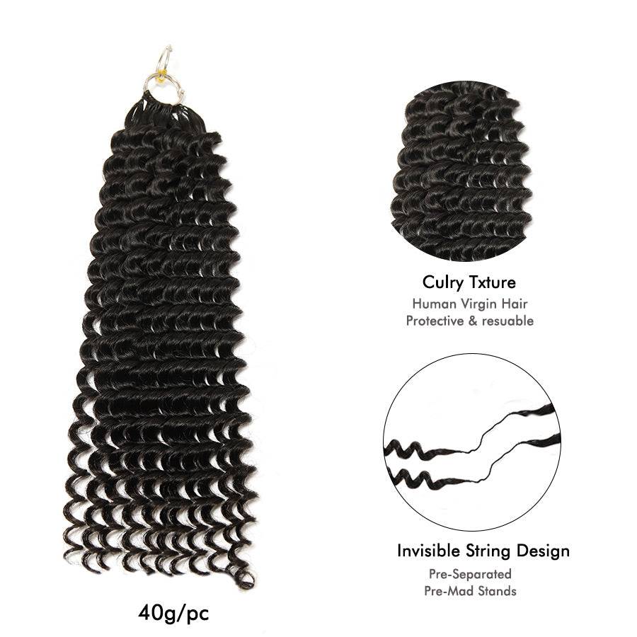Single bundle of WOWANGEL Deep Curly Crochet Hair Extensions with 40g weight, highlighting pre-separated strands and invisible string design.