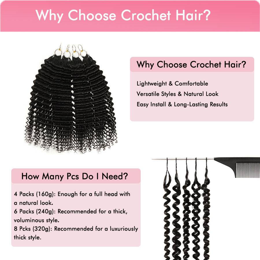 WOWANGEL Deep Curly Human Hair Extensions guide showing how many packs are needed for natural or voluminous crochet hairstyles.