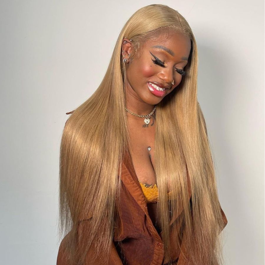 WOWANGEL Honey Blonde Lace Front Wig made from 100% human hair, styled sleek and straight with a natural hairline for a flawless look.