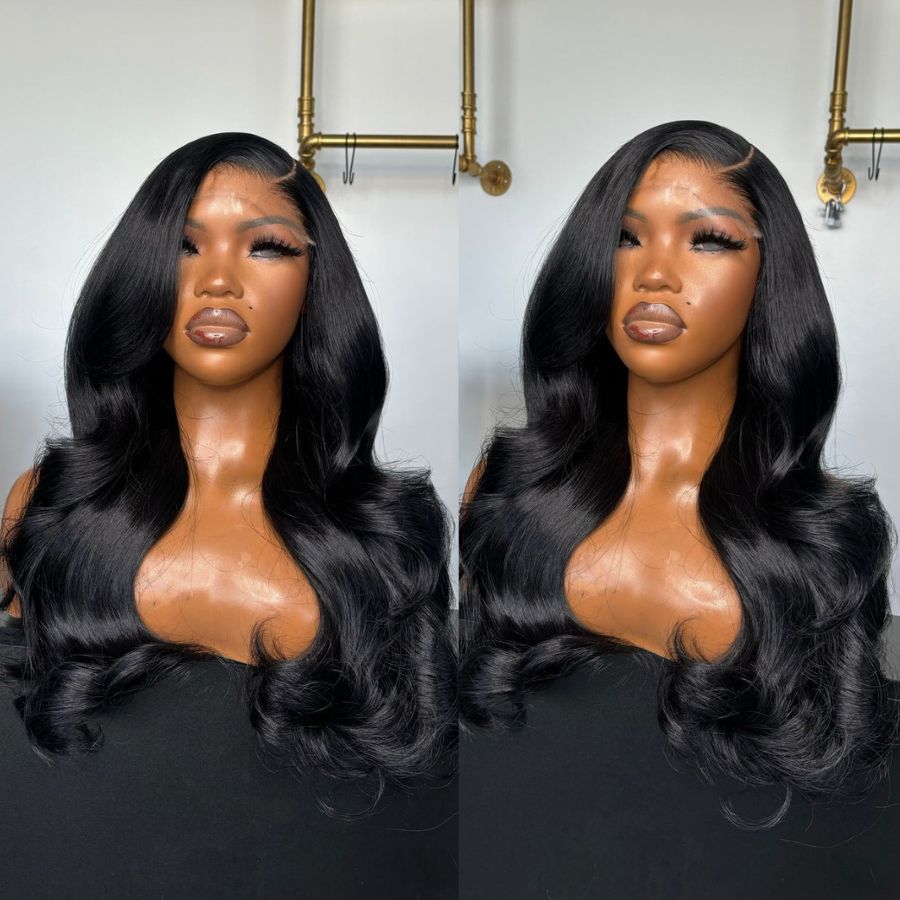 WOWANGEL Real HD Lace Wig in jet black with body wave texture, featuring a seamless, natural hairline for a glueless and effortless fit.