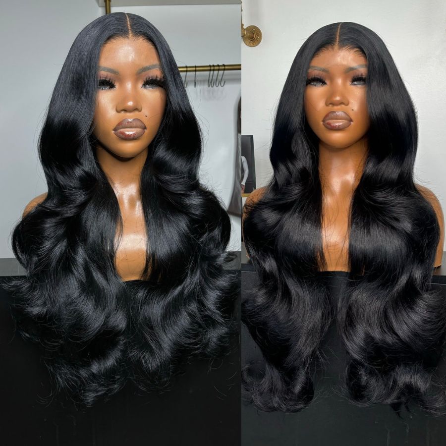 WOWANGEL Jet Black HD Lace Wig with a 6x6 closure, showcasing a pre-plucked hairline and voluminous body wave style for a flawless look.