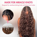 Long, dark brown wavy braiding hair extensions shown on a model from the back, with two circular inset close-ups showing the braided hair detail and the individual hair tips. Pink text at the top reads 'MADE FOR MIRACLE KNOTS' and 'Designed for seamless-looking knots and boho braid styles'.