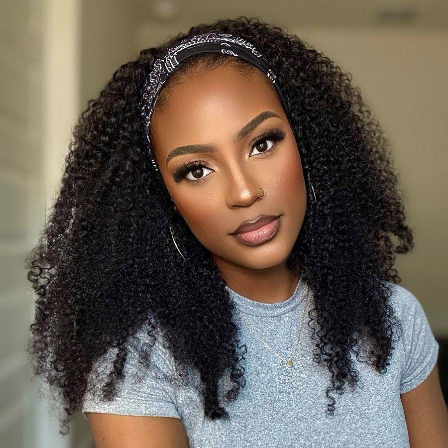 WOWANGEL Kinky Curly Half Wig styled with headband for a casual, secure look, perfect for quick and beginner-friendly installation.
