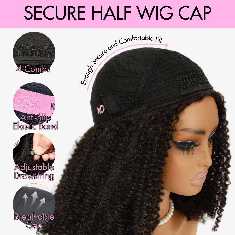 WOWANGEL Half Wig Cap design with 4 combs, anti-slip band, and adjustable drawstring for breathable, secure, and comfortable wear.