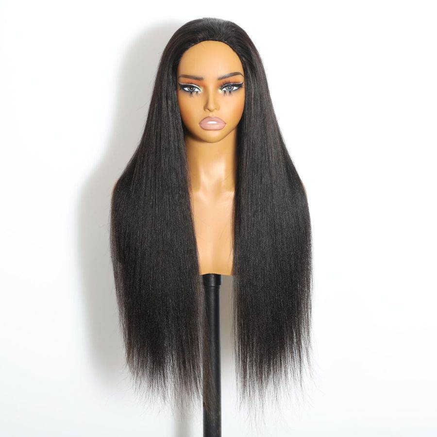 WOWANGEL Wear Go Half Wig displayed on mannequin, featuring long yaki straight texture and natural black color for easy styling.