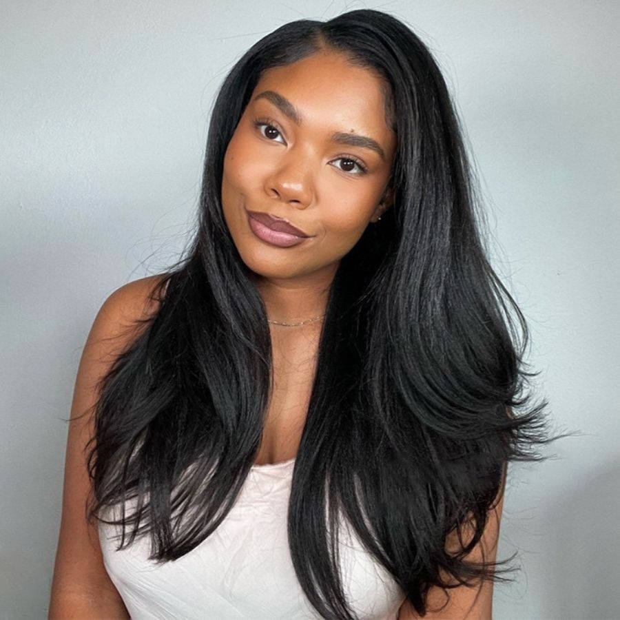 WOWANGEL Yaki Straight Half Wig styled on a model with natural black finish and seamless flip over part, ideal for beginners.