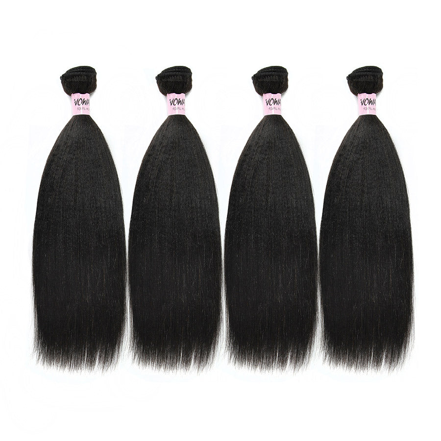 WOWANGEL 100% human hair bundles in Yaki Straight texture. Includes four natural black wefts, soft and durable, perfect for styling and dyeing.