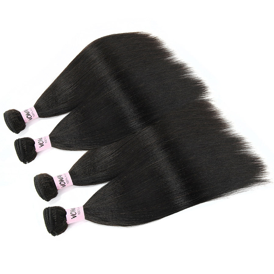 Set of four WOWANGEL Yaki Straight human hair bundles. Thick, silky, and natural black, ideal for versatile styling and long-lasting wear.