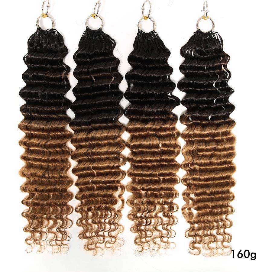 Set of WOWANGEL 1B/30 Ombre Deep Wave Human Hair Extensions weighing 160g, showcasing full, voluminous curls in a black to caramel ombre tone.