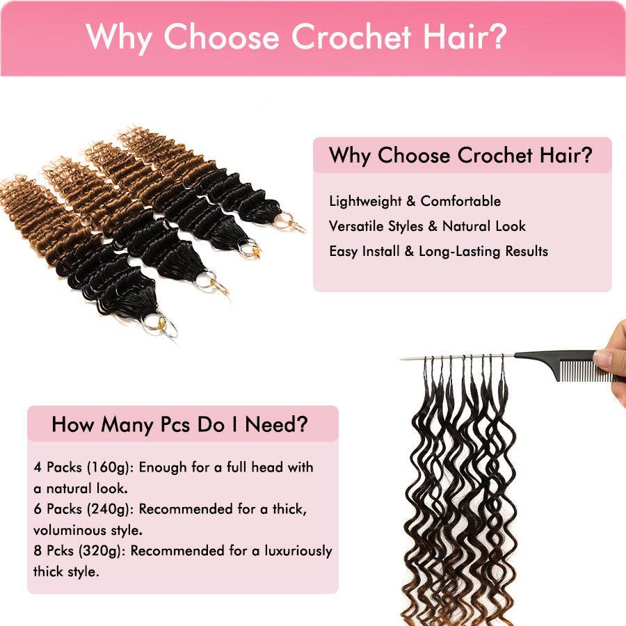 Informational guide on WOWANGEL Crochet Hair Extensions explaining benefits, pack recommendations, and styling options for natural and voluminous looks.
