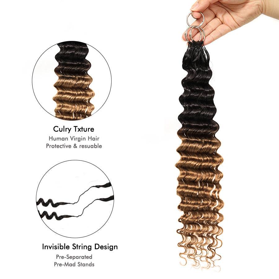 WOWANGEL 1B/30 Ombre Crochet Hair Extensions highlighting curly texture, invisible string design, and pre-separated strands for easy styling and reuse.