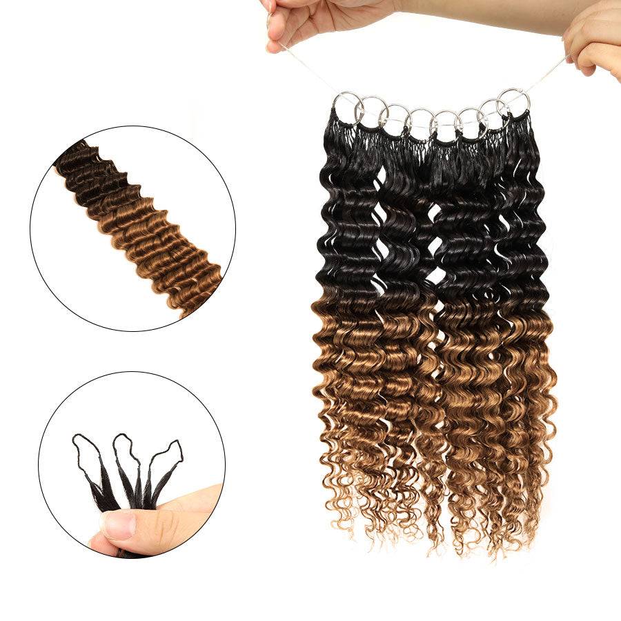 WOWANGEL 1B/30 Ombre Color Deep Wave Pre-Separated Feather Crochet Human Hair Extensions shown with tight curls and ombre black to brown color. Features pre-looped strands for easy crochet installation.