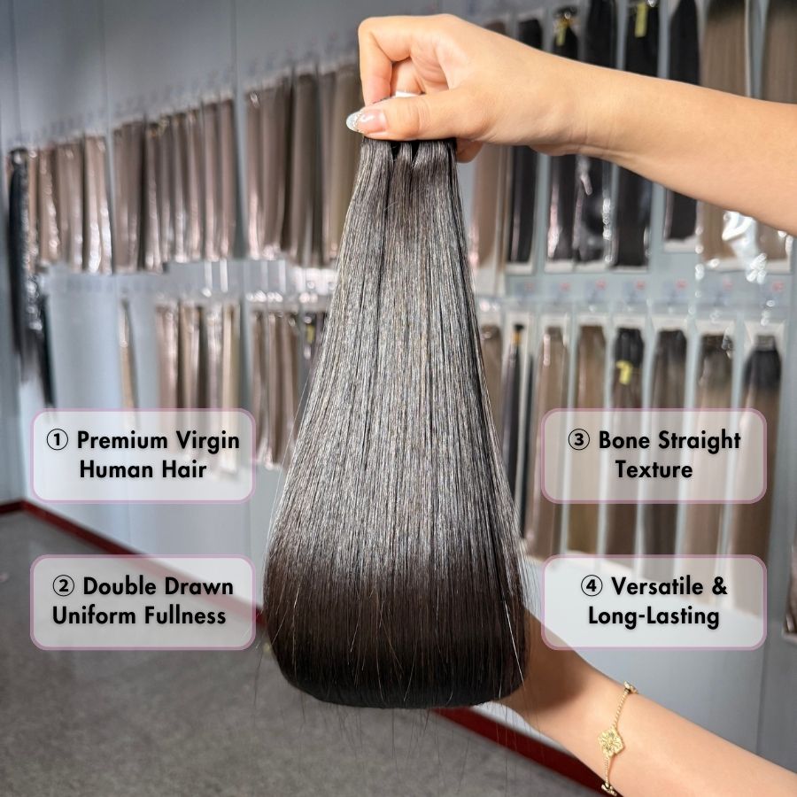 WOWANGEL Virgin Hair Weaves bundle highlighted with features like premium virgin hair, double drawn fullness, bone straight texture, and durability.